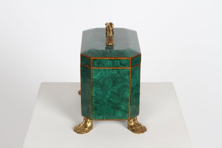Maitland-Smith Fornasetti Style Faux Malachite Tole Box with Brass Hands & Feet  For Sale 2