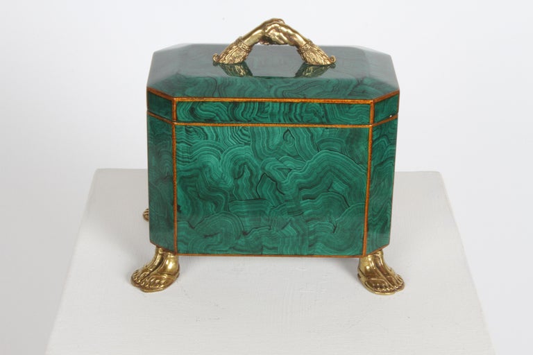 Maitland-Smith Fornasetti Style Faux Malachite Tole Box with Brass Hands & Feet  For Sale 3