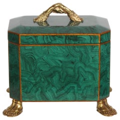 Maitland-Smith Fornasetti Style Faux Malachite Tole Box with Brass Hands & Feet