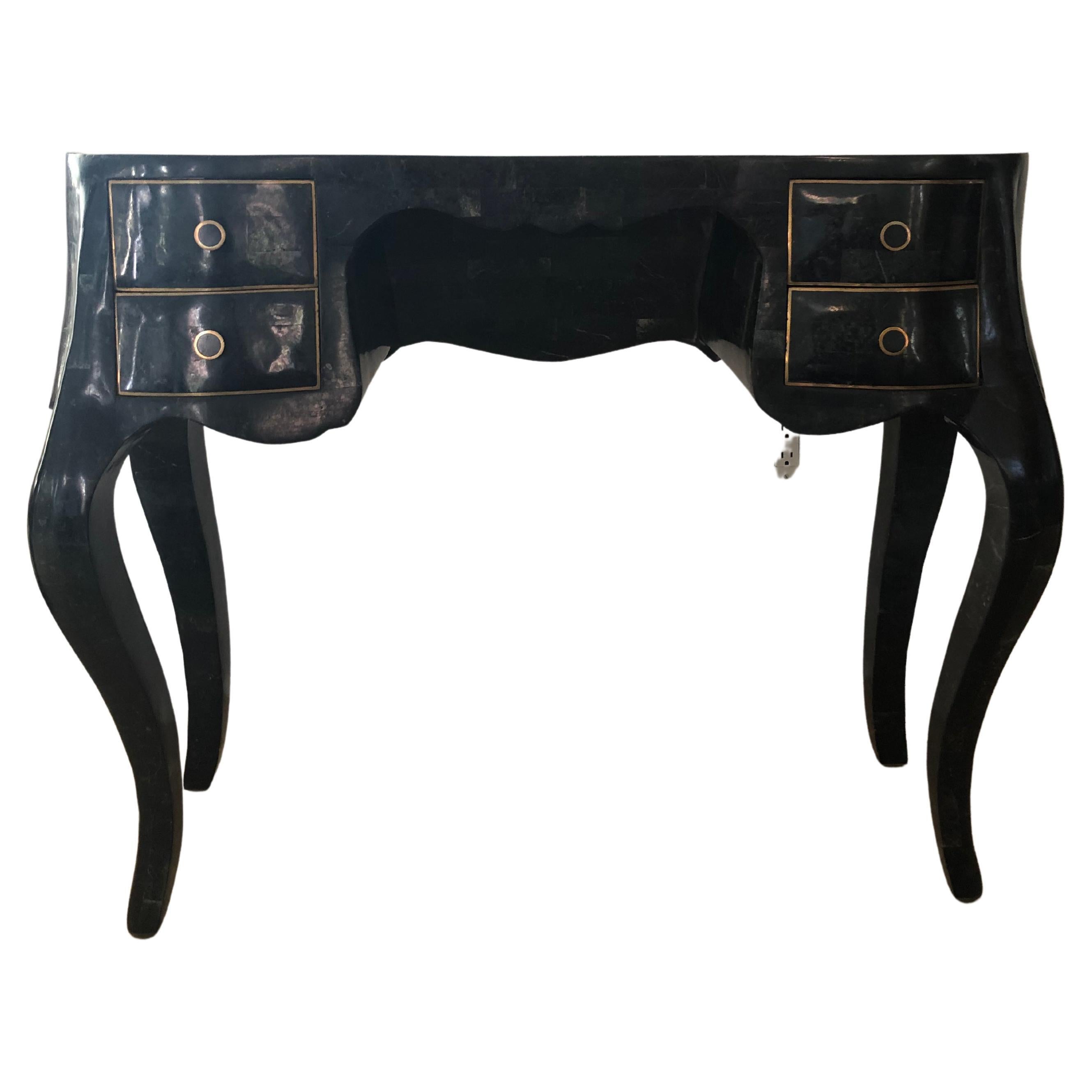 Maitland smith Fossil stone inlaid, bronze mount and curved design vanity table/ladies desk, elegant flair design curved legs and 4 felt lined draws.