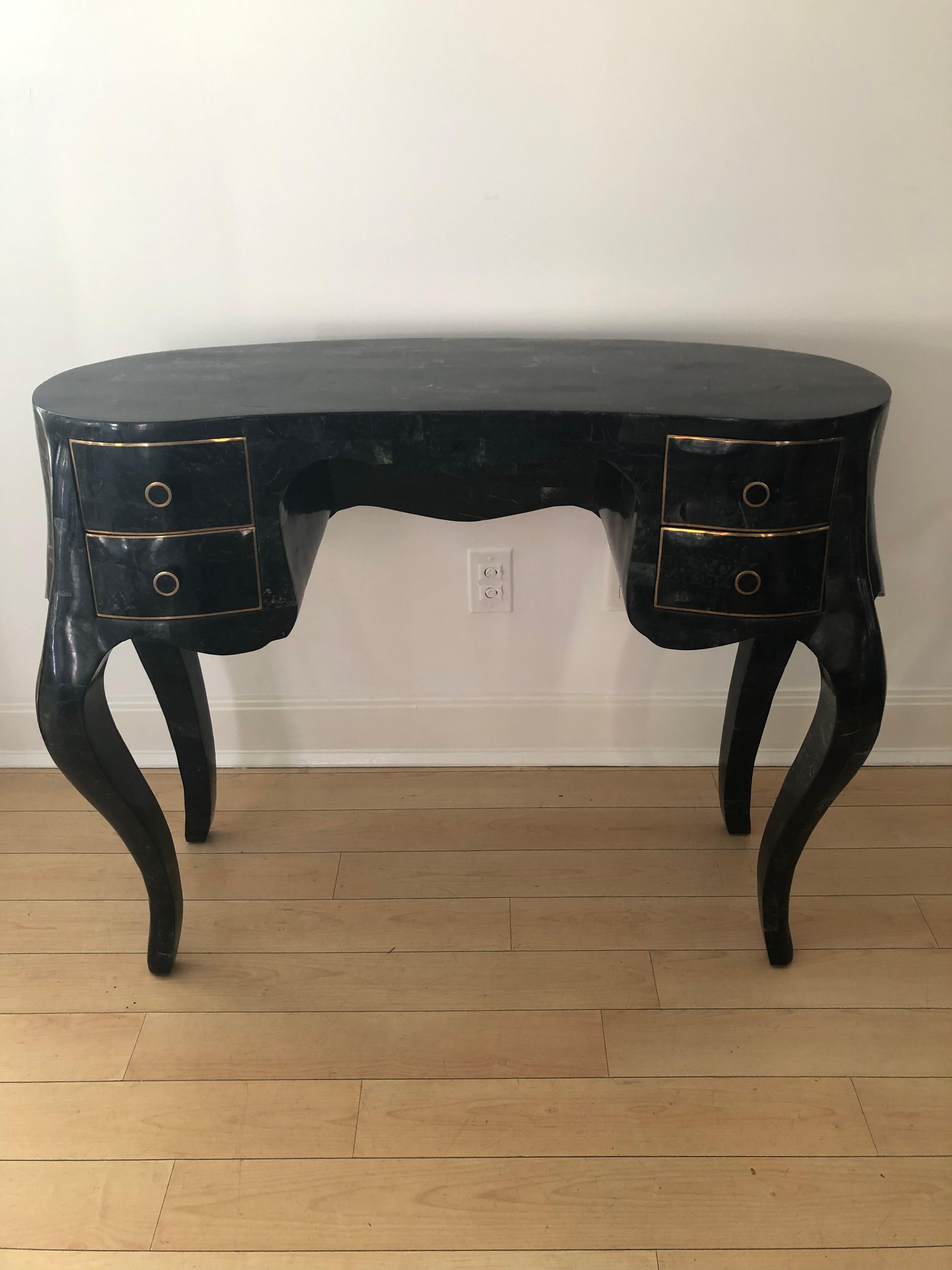 Mid-Century Modern Maitland Smith Fossil Stone Inlaid Bronze Mount Vanity /Ladies Desk For Sale