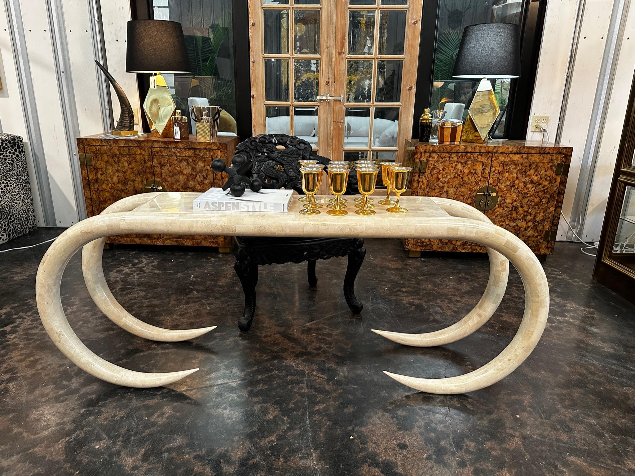 American Maitland Smith Fossil Stone Tesselated Console Sofa Table with  Tusk Shape Legs