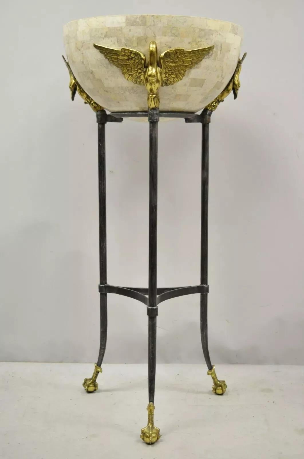 Maitland Smith French Empire Brass Swan Tessellated Marble Planter Jardiniere. Item features a fiberglass jardiniere with tessellated marble exterior, solid brass winged swans, iron frame, brass ball and claw feet, original label, quality