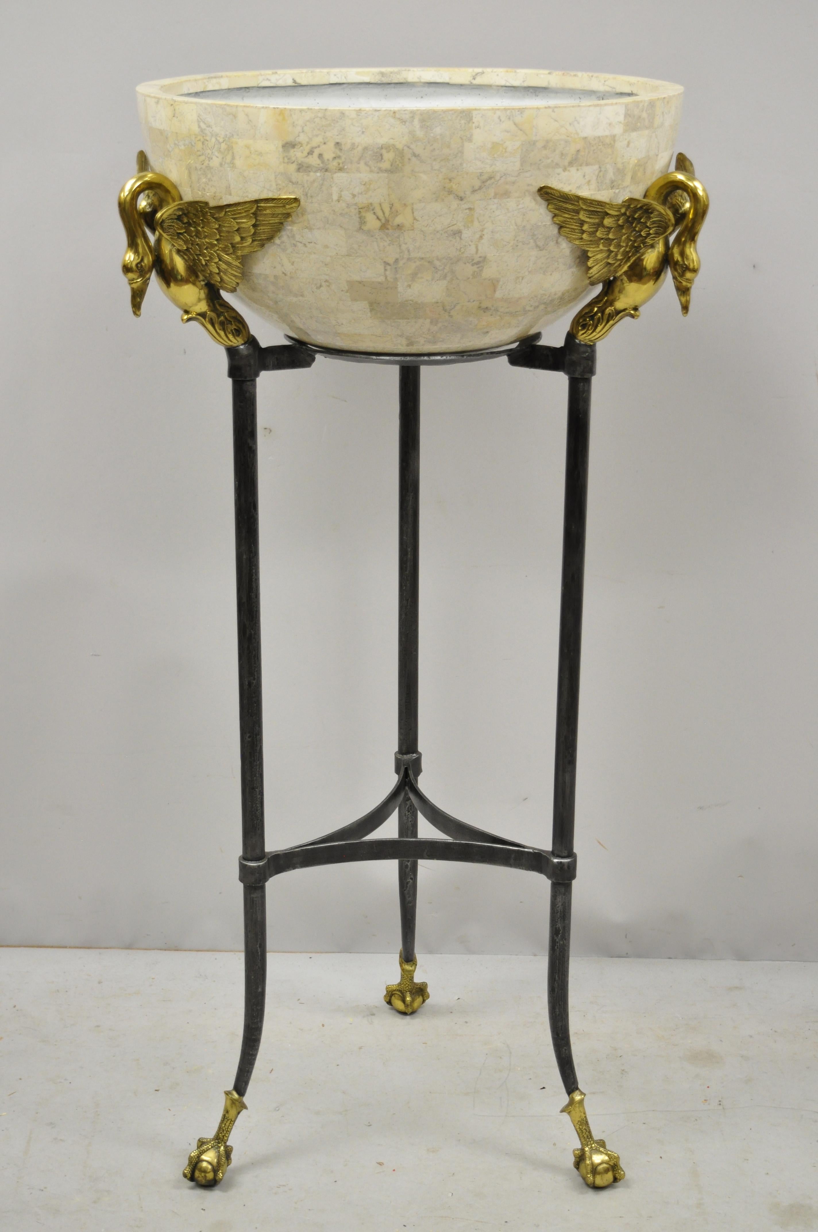 Maitland Smith French Empire Brass Swan Tessellated Marble Planter Jardinière In Good Condition For Sale In Philadelphia, PA
