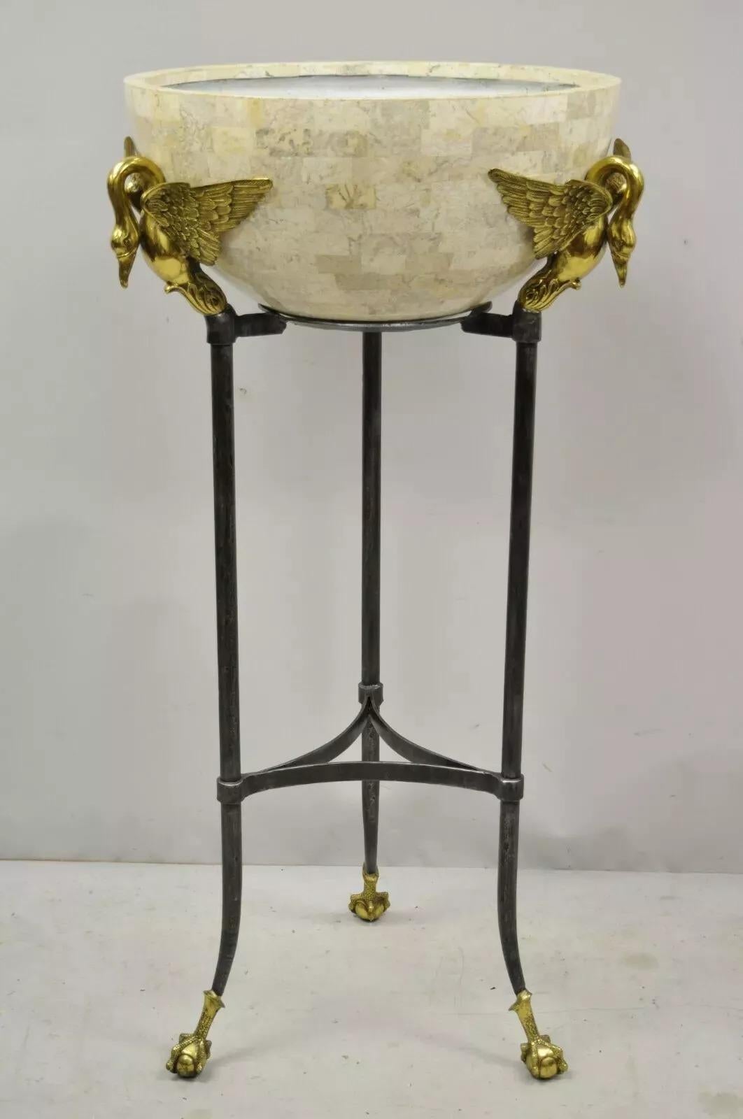 Maitland Smith French Empire Brass Swan Tessellated Marble Planter Jardiniere In Good Condition For Sale In Philadelphia, PA