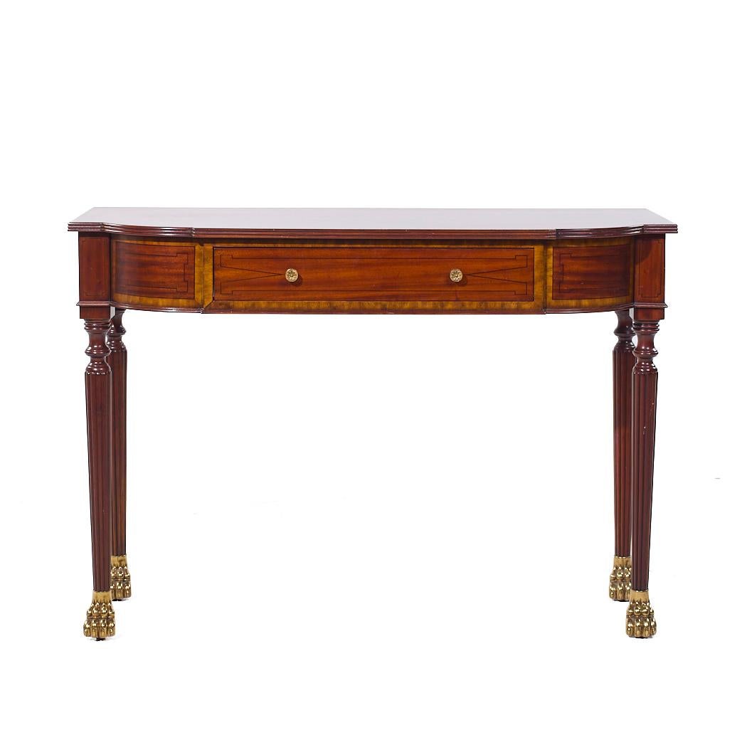 Maitland Smith French Empire Mahogany and Brass Paw Demilune Entry Console

This console table measures: 48 wide x 19 deep x 34 inches high

We take our photos in a controlled lighting studio to show as much detail as possible. We do not Photoshop