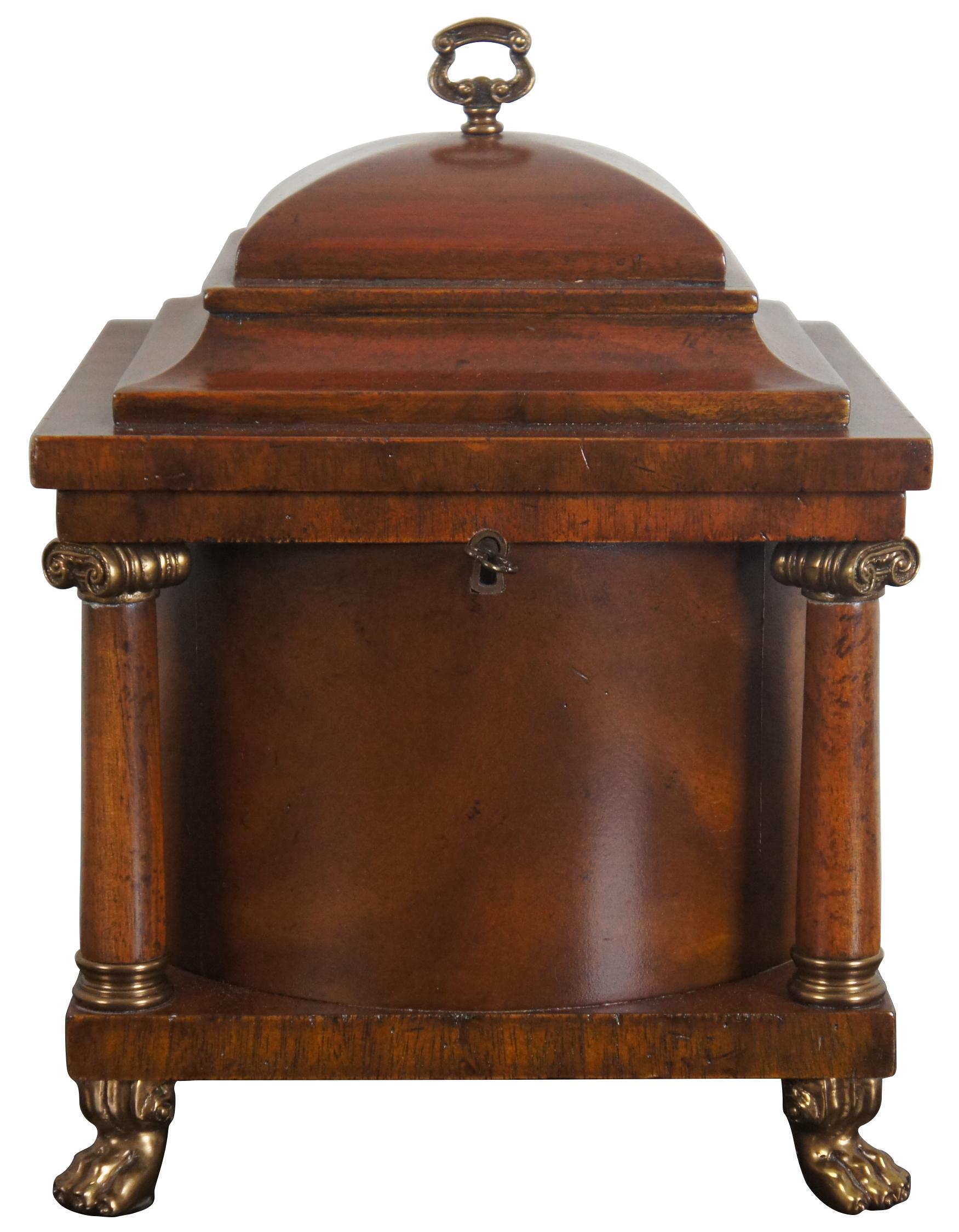 Rotunda shaped lidded box by Maitland Smith. Made from mahogany with brass mounts and paw feet. Features a cylindrical center supported by four columns. Great for use as a tea caddy, cigar humidor, jewelry chest or trinket storage box. Includes