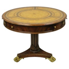 Maitland Smith French Empire Regency Leather Top Brass Feet Center Drum Table