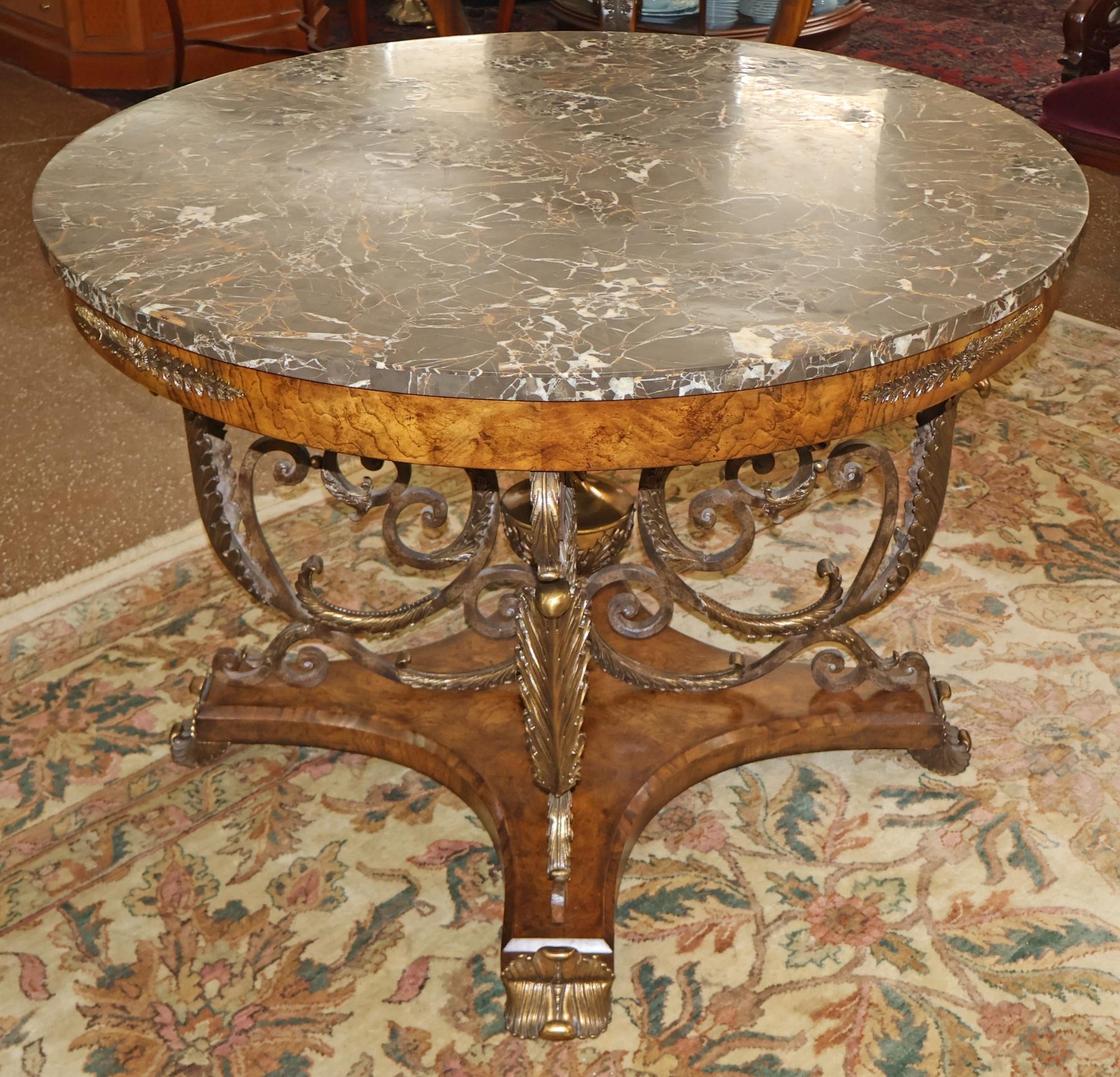 Philippine Maitland Smith French Empire Style Burl Wood Tesselated Marble Top Center Table For Sale