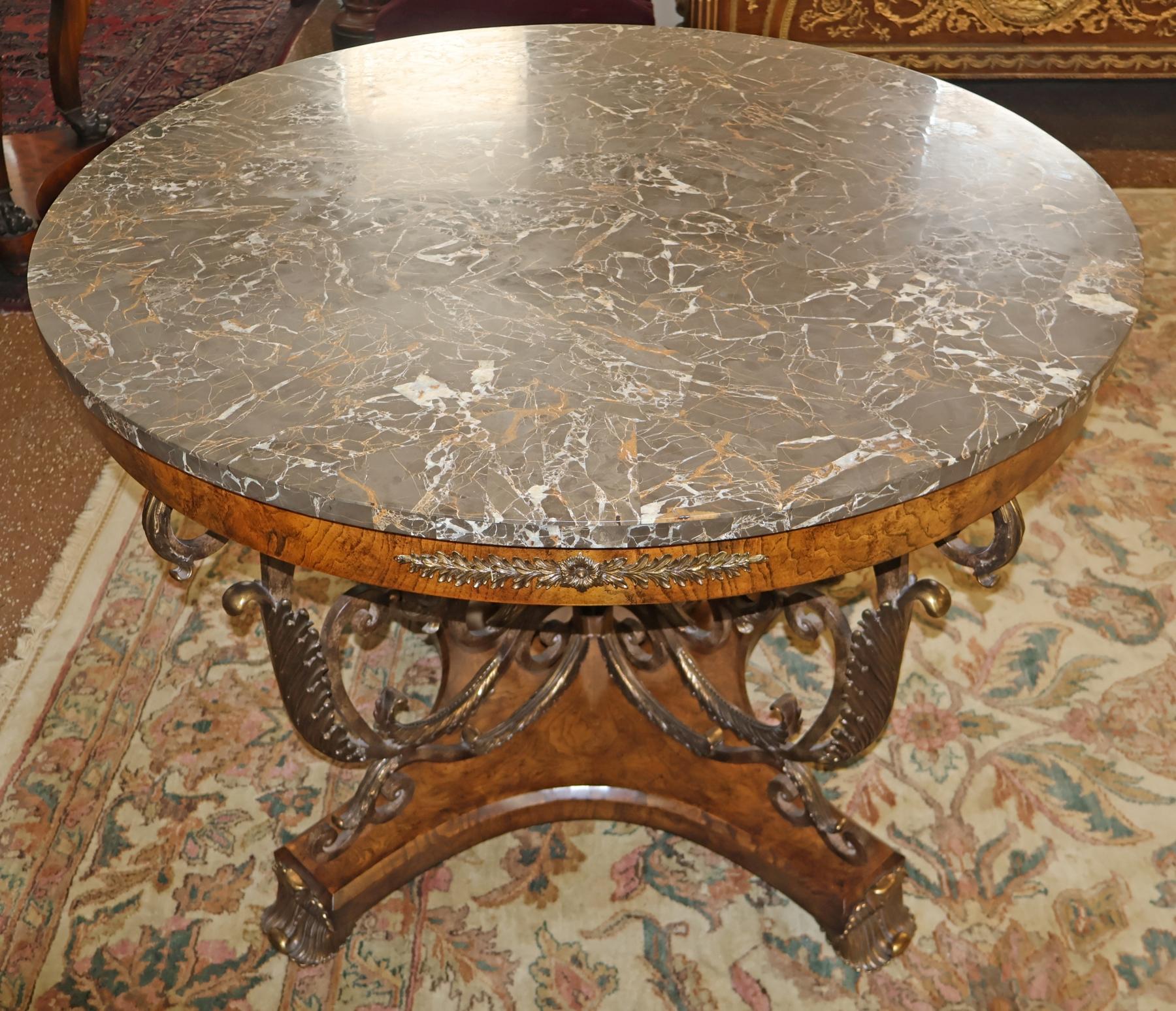 Maitland Smith French Empire Style Burl Wood Tesselated Marble Top Center Table In Good Condition For Sale In Long Branch, NJ