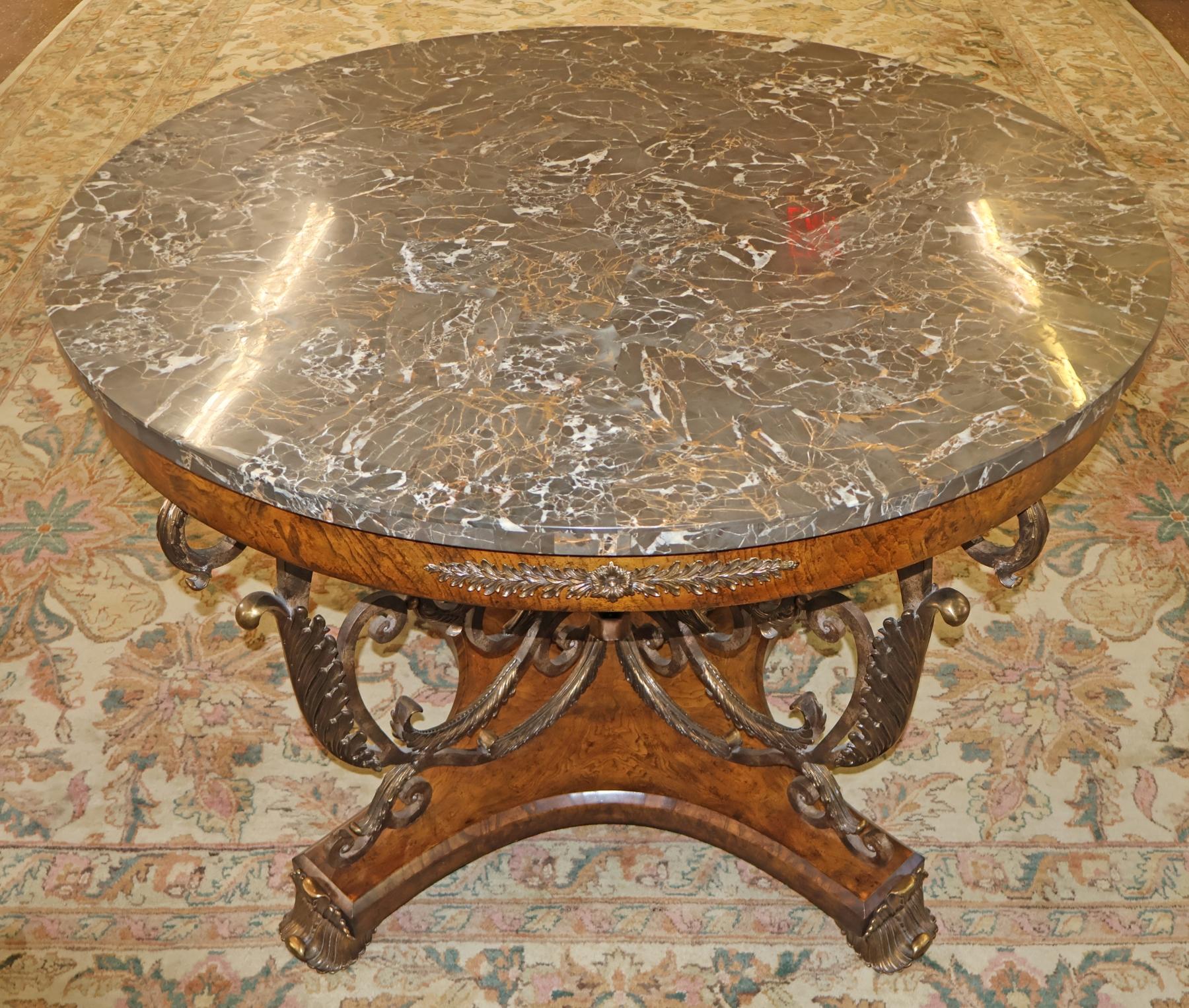 Contemporary Maitland Smith French Empire Style Burl Wood Tesselated Marble Top Center Table For Sale