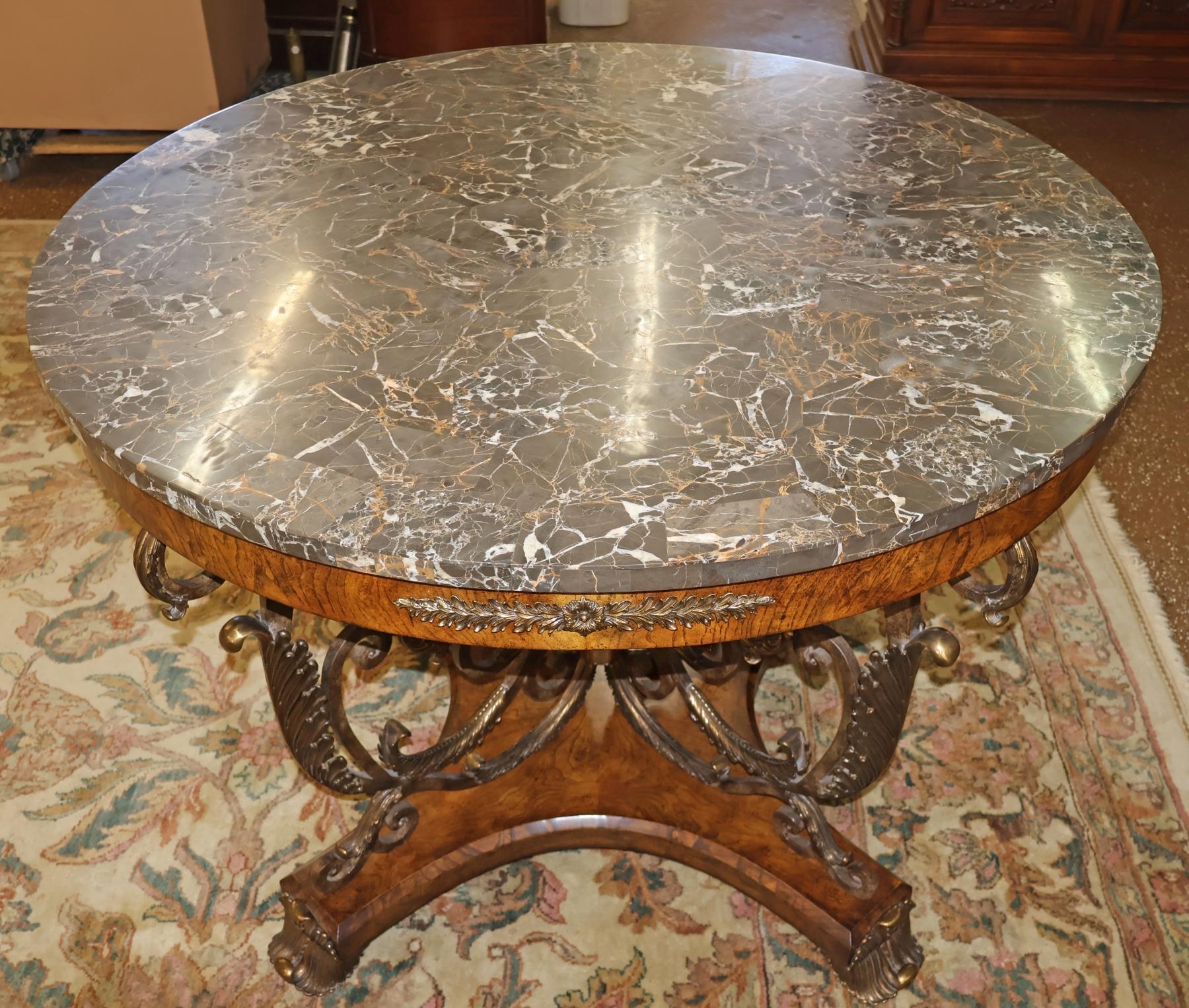 Walnut Maitland Smith French Empire Style Burl Wood Tesselated Marble Top Center Table For Sale