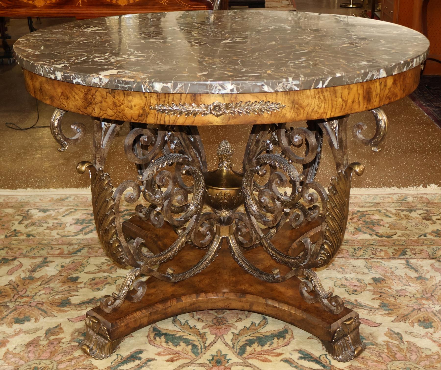 Maitland Smith French Empire Style Burl Wood Tesselated Marble Top Center Table For Sale 1