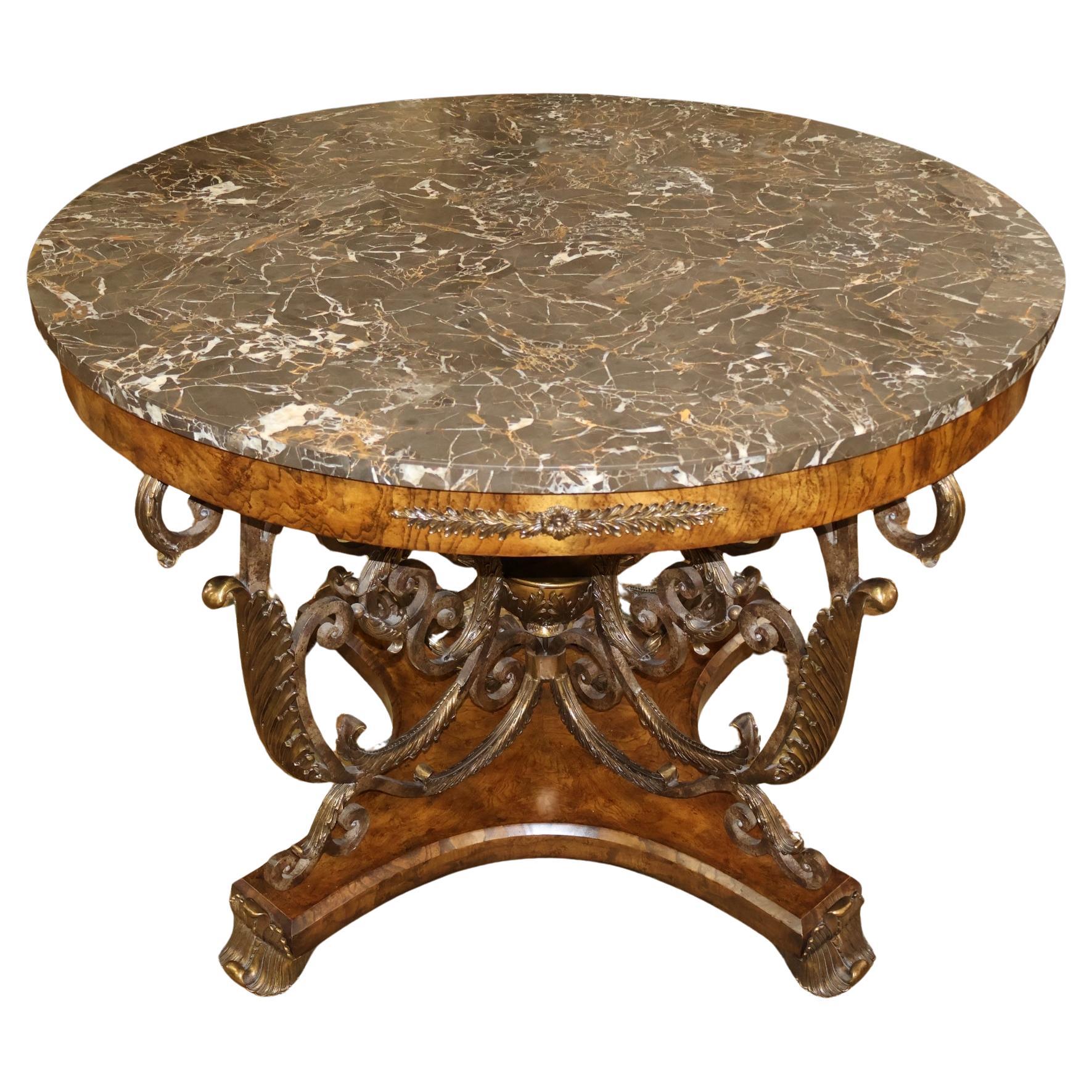 Maitland Smith French Empire Style Burl Wood Tesselated Marble Top Center Table For Sale