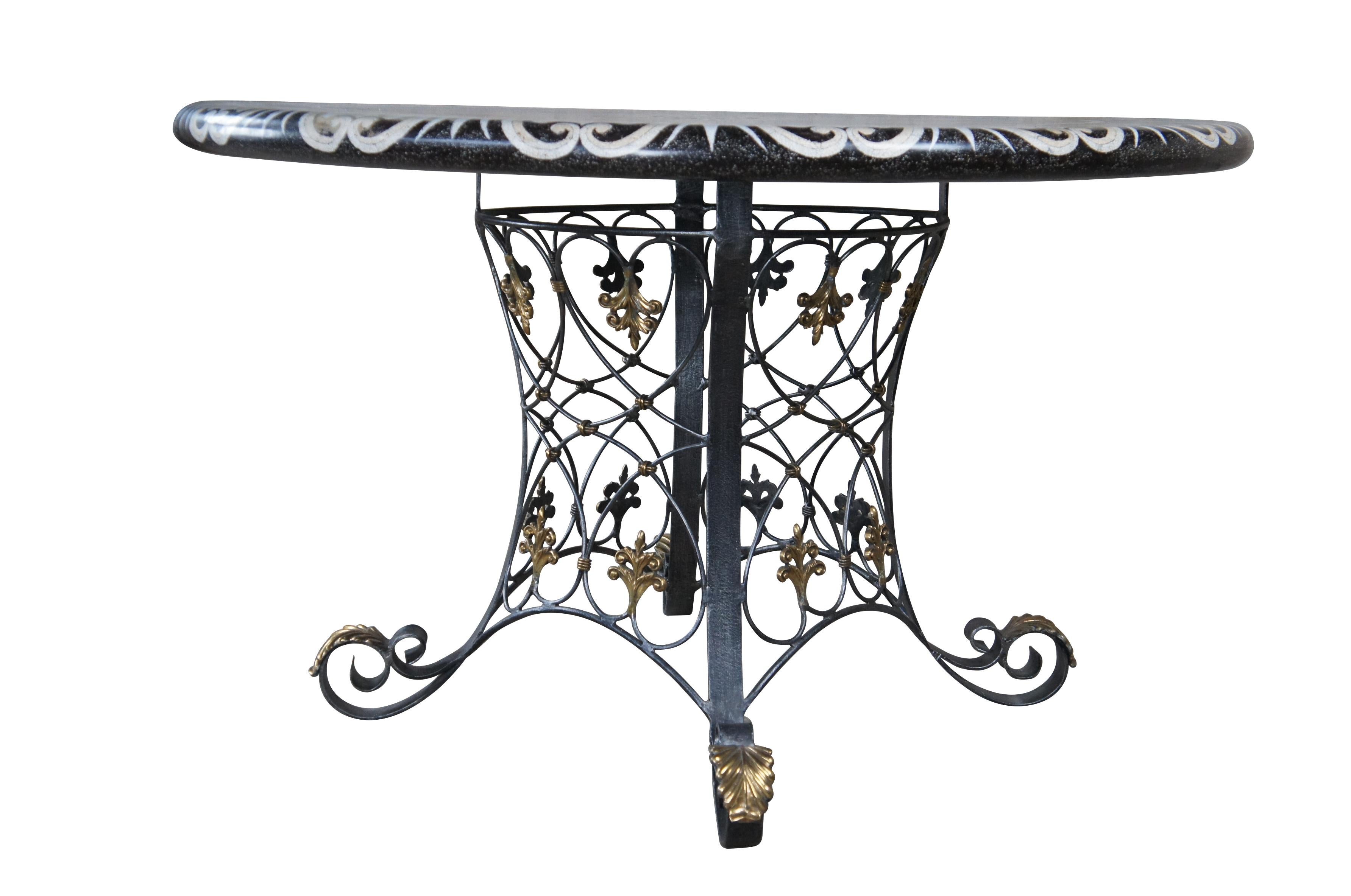 Maitland Smith French Empire Style Iron & Inlaid Stone Round Center Dining Table In Good Condition For Sale In Dayton, OH