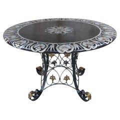 Retro Maitland Smith French Empire Style Iron & Inlaid Stone Round Center Dining Table