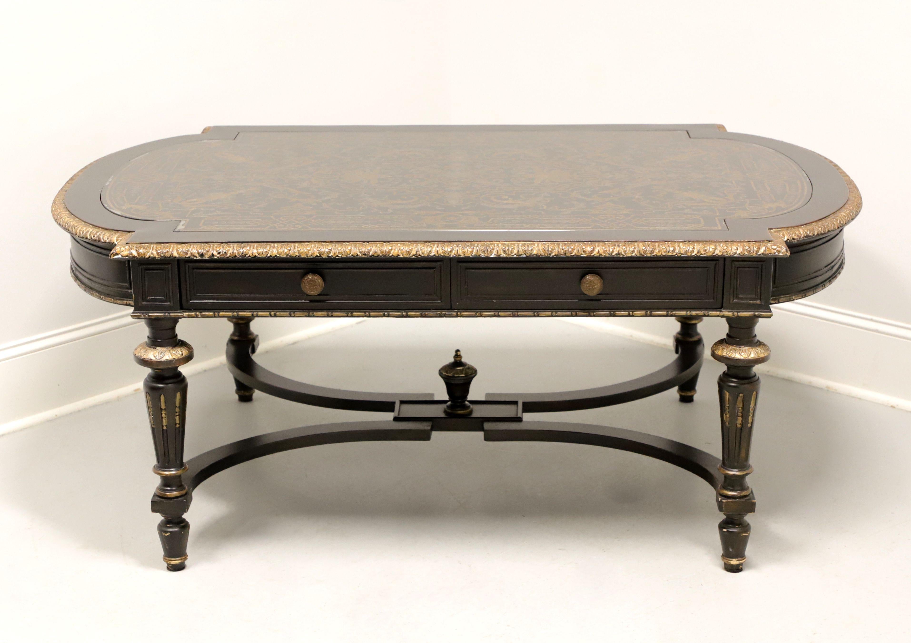 A French Napoleon III style oval coffee table by Maitland Smith. Solid wood painted an ebony color with gold painted trim, reverse painted top with inset glass cover, gold painted gadroon edge, decoratively embellished apron with concealed drawers,