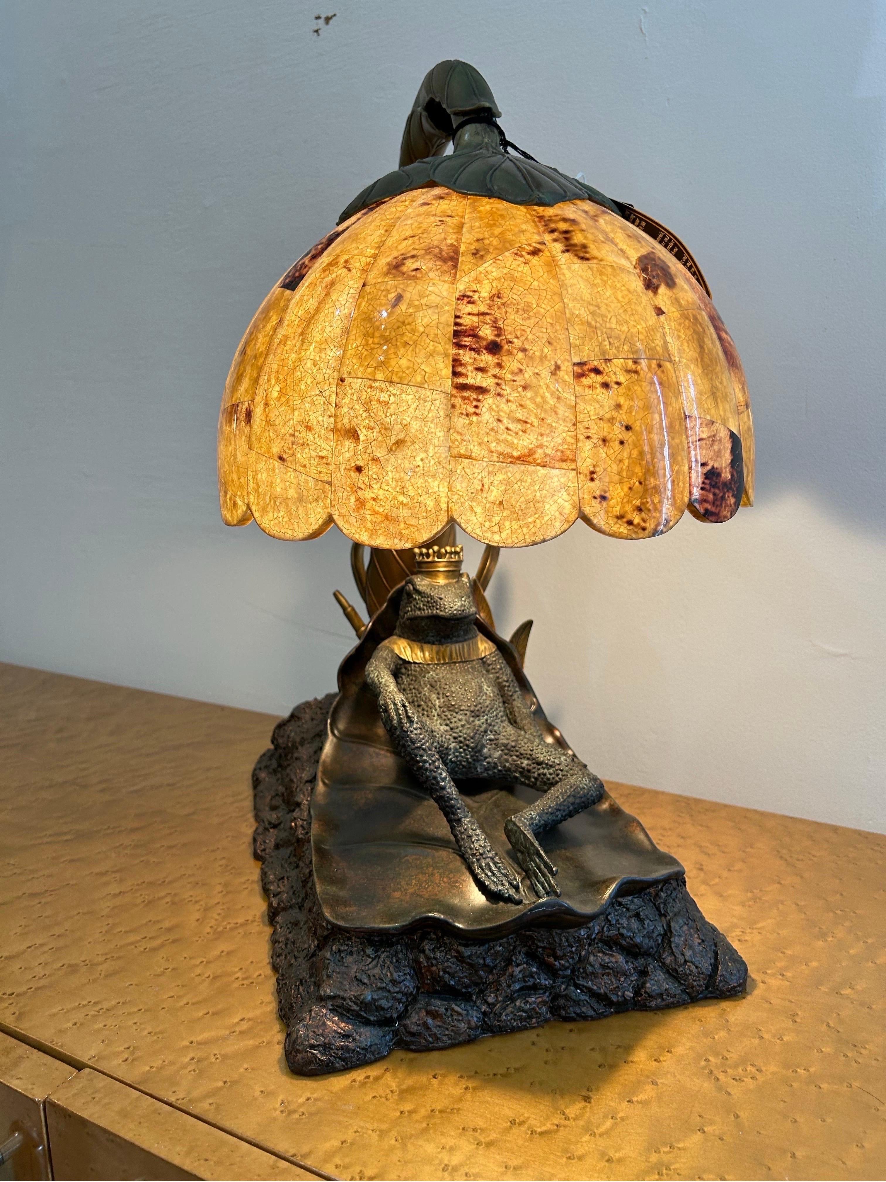 Cast Maitland Smith frog prince lamp with pen shell shade For Sale