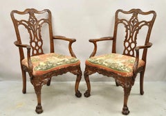 Maitland Smith Georgian Carved Mahogany Needlepoint Dining Arm Chairs - a Pair