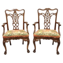 Maitland Smith Georgian Carved Mahogany Needlepoint Dining Arm Chairs - a Pair