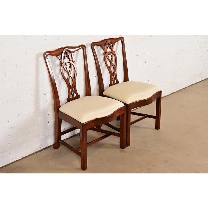 Maitland Smith Georgian Carved Mahogany Side Chairs or Dining Chairs, Pair