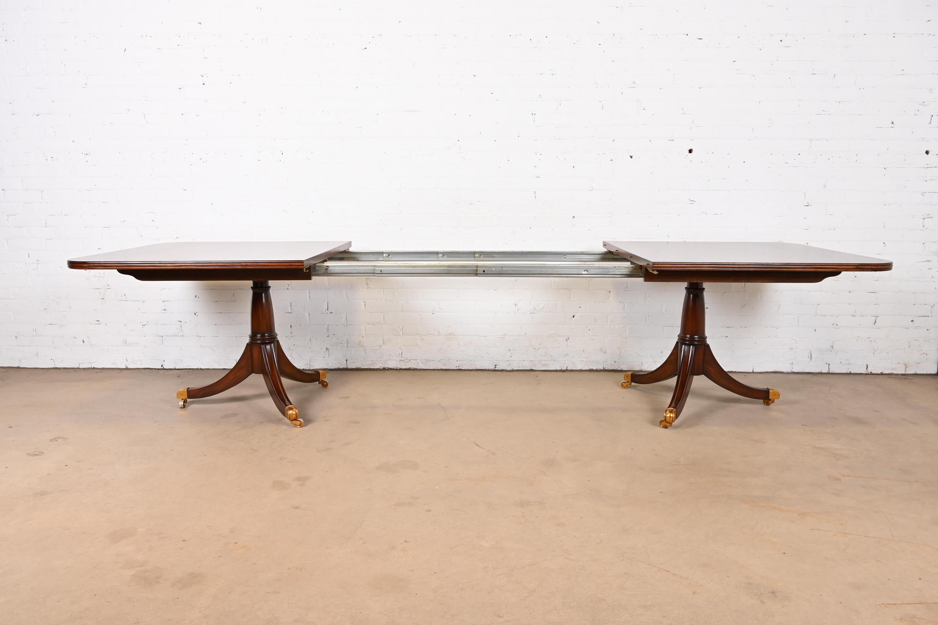 Brass Maitland Smith Georgian Flame Mahogany Double Pedestal Extension Dining Table