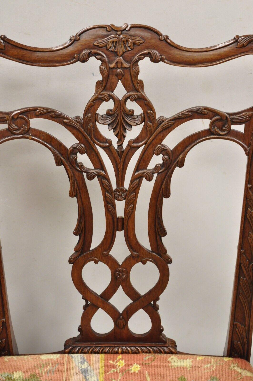 Maitland Smith Georgian Style Carved Mahogany Needlepoint Seat Arm Chairs a Pair For Sale 6