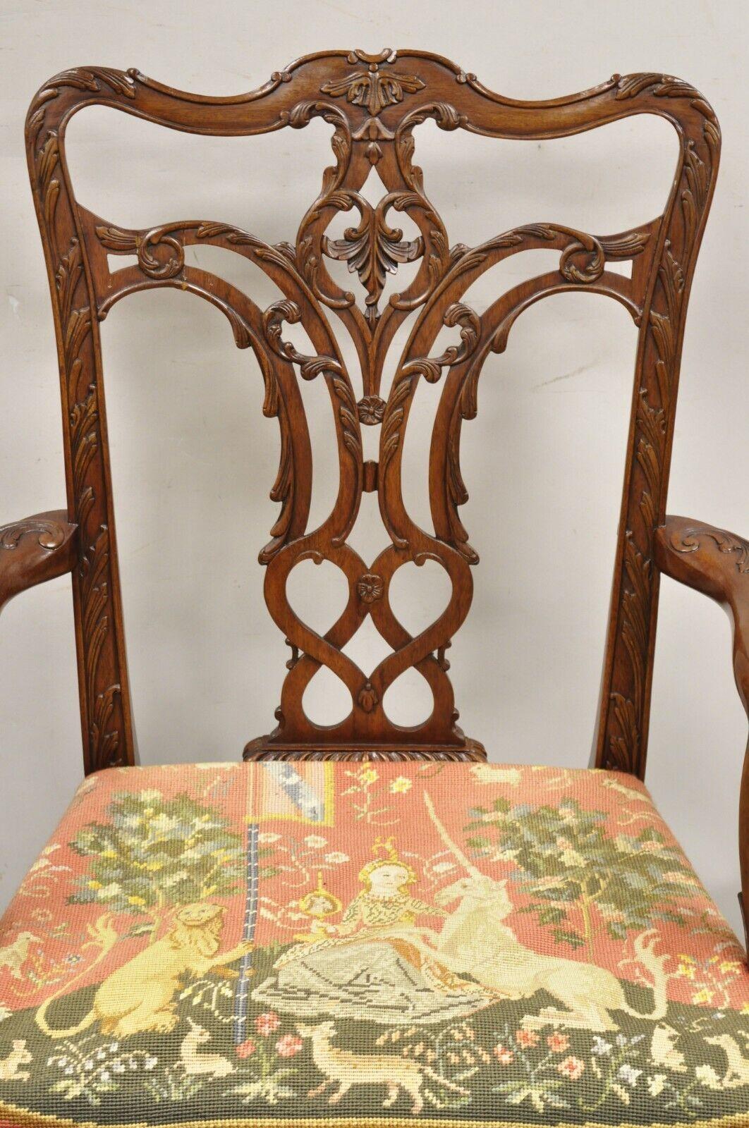 Maitland Smith Georgian Style Carved Mahogany Needlepoint Seat Arm Chairs - a Pair. Item features figural needlepoint seats (seat stuffing is noticeably lumpy), solid wood frames, beautiful wood grain, nicely carved details, original label, great