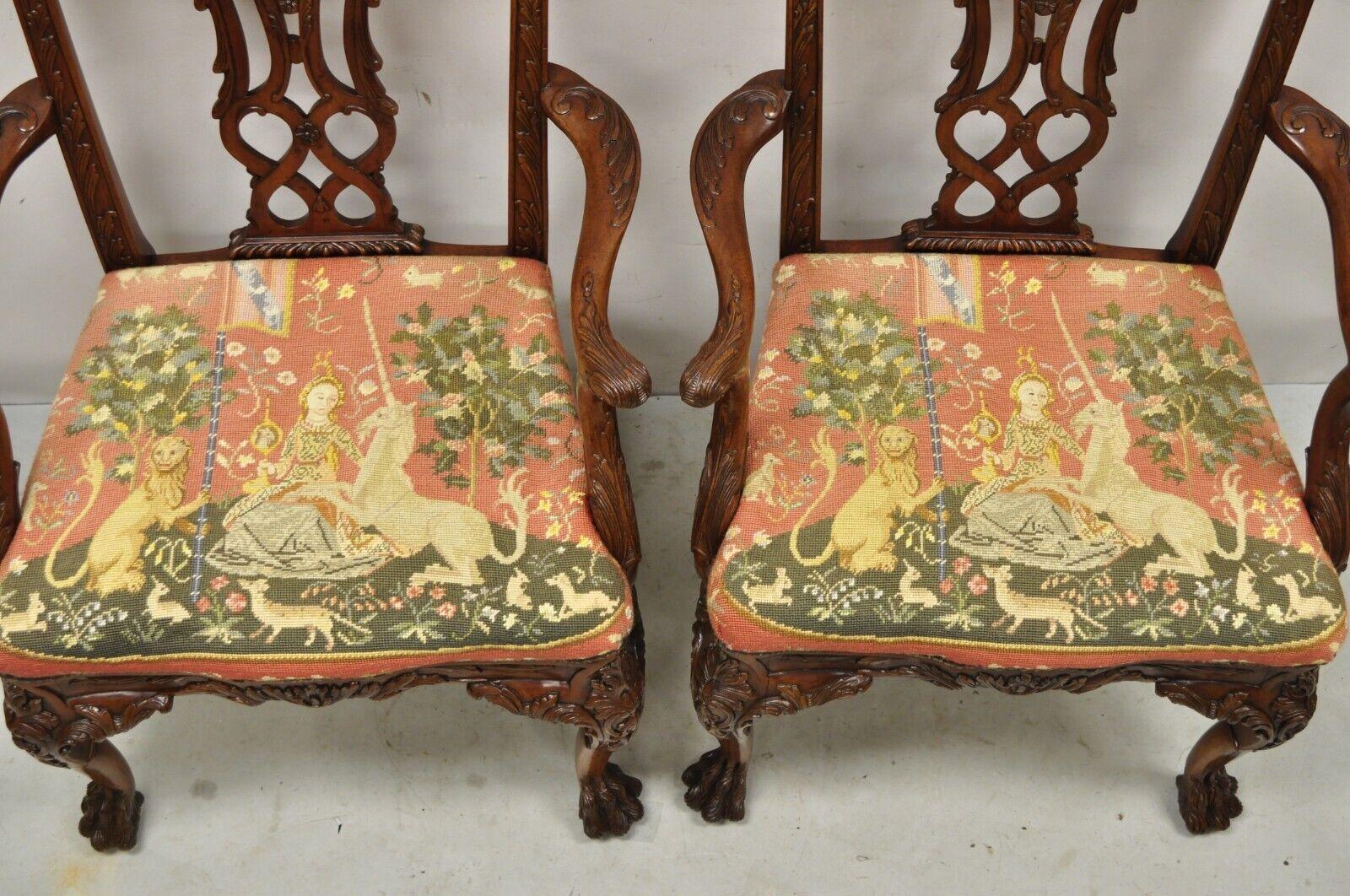 Maitland Smith Georgian Style Carved Mahogany Needlepoint Seat Arm Chairs a Pair In Good Condition For Sale In Philadelphia, PA