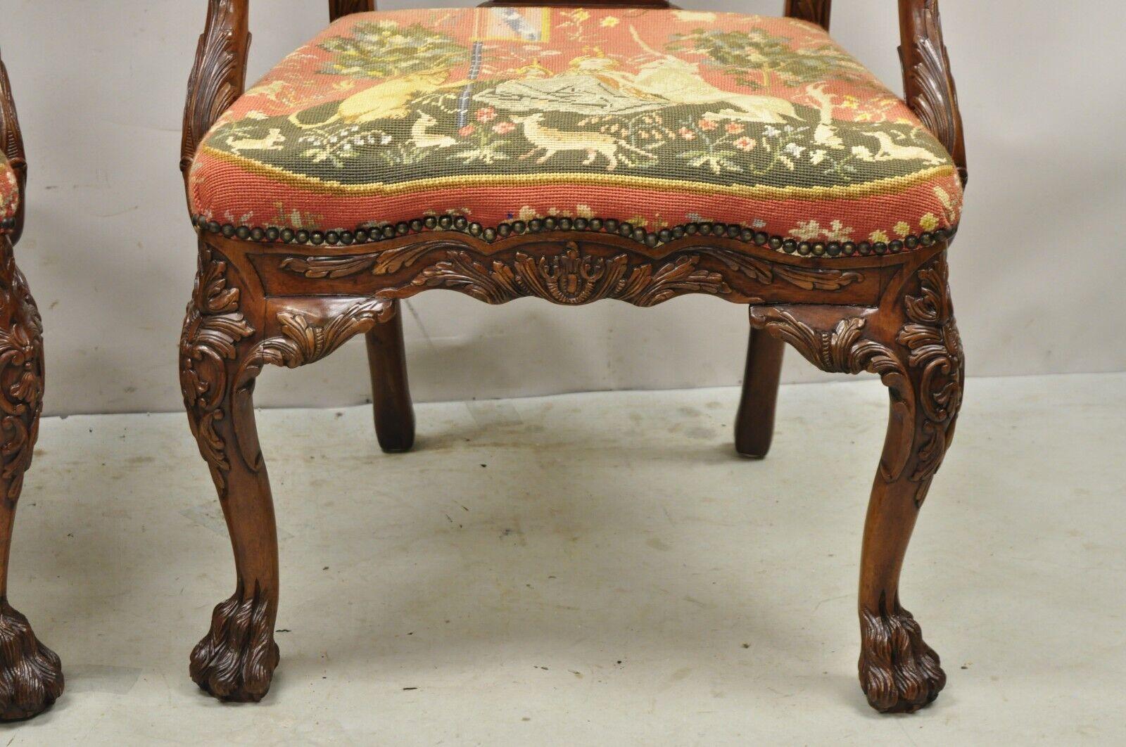 Maitland Smith Georgian Style Carved Mahogany Needlepoint Seat Arm Chairs a Pair For Sale 1