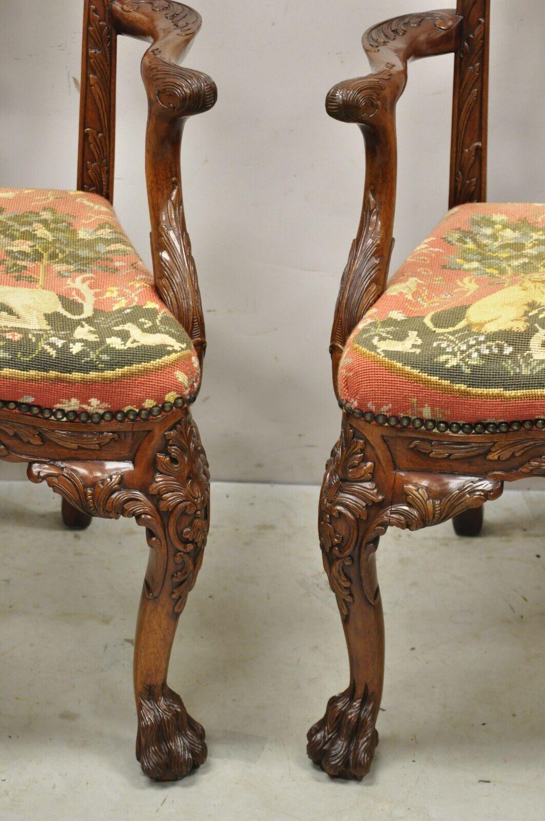 Maitland Smith Georgian Style Carved Mahogany Needlepoint Seat Arm Chairs a Pair For Sale 2