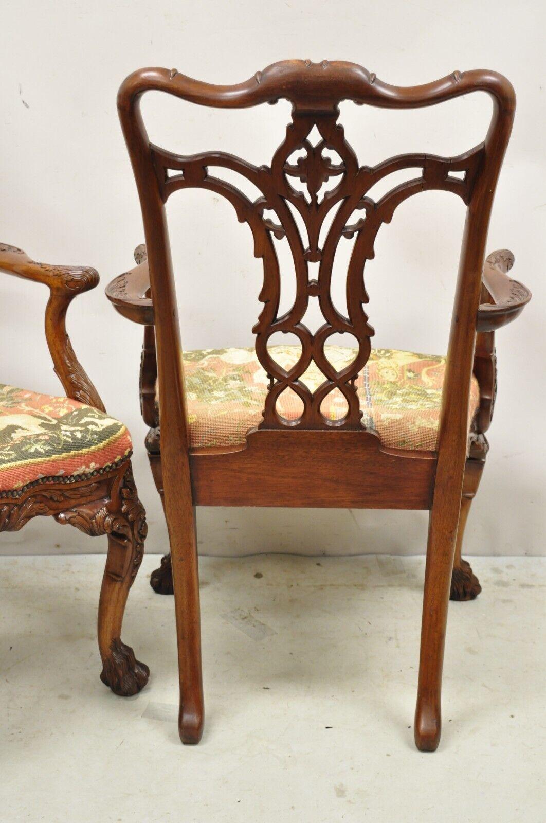 Maitland Smith Georgian Style Carved Mahogany Needlepoint Seat Arm Chairs a Pair For Sale 5