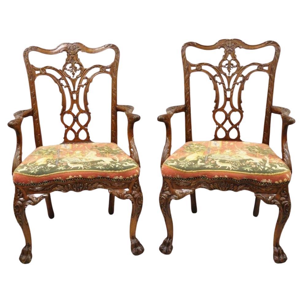 Maitland Smith Georgian Style Carved Mahogany Needlepoint Seat Arm Chairs a Pair For Sale