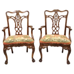 Vintage Maitland Smith Georgian Style Carved Mahogany Needlepoint Seat Arm Chairs a Pair
