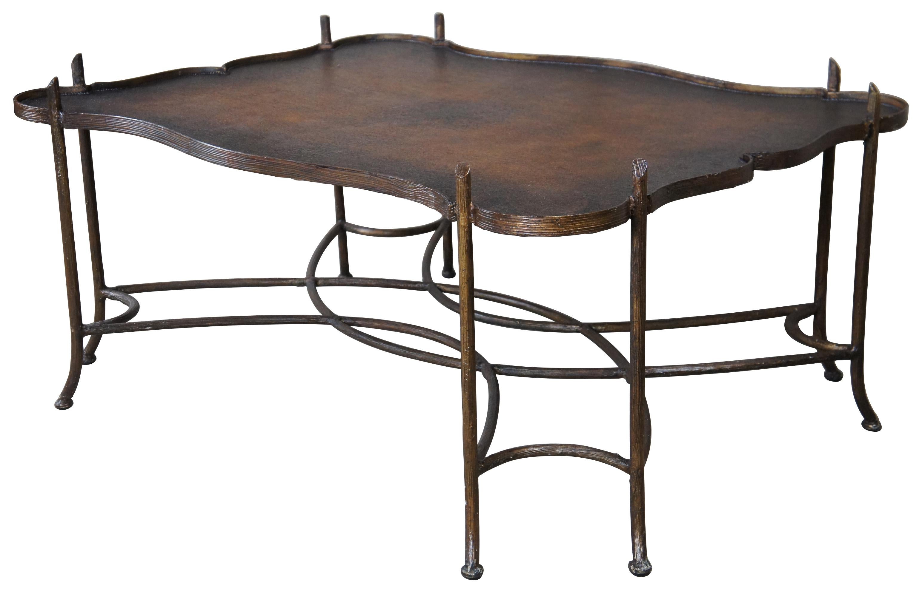Hollywood Regency Maitland Smith Gilded Iron Faux Bois Coffee Table Tole Style Painted Tray Top
