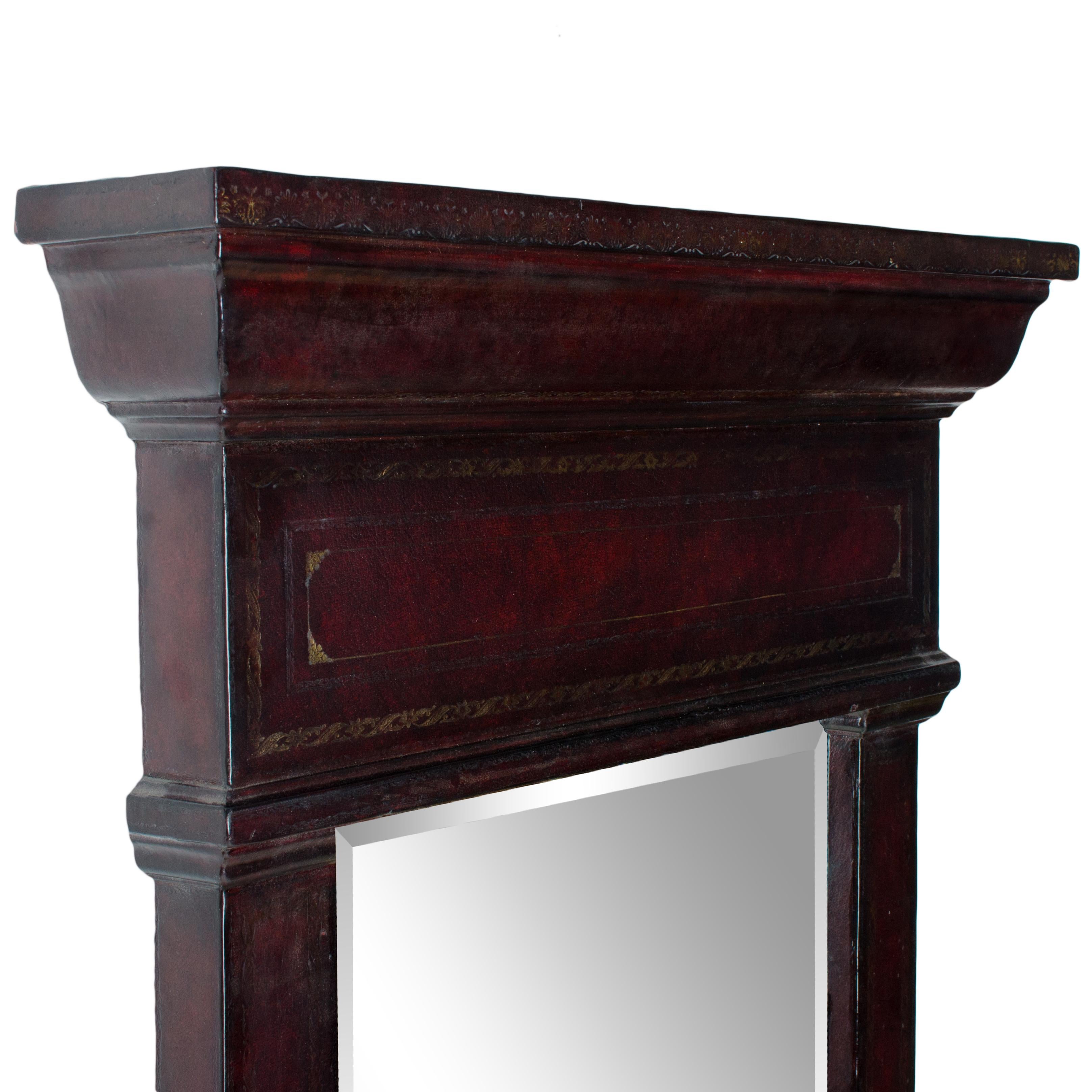 American Maitland-Smith Gilt Embossed Leather Mirror For Sale