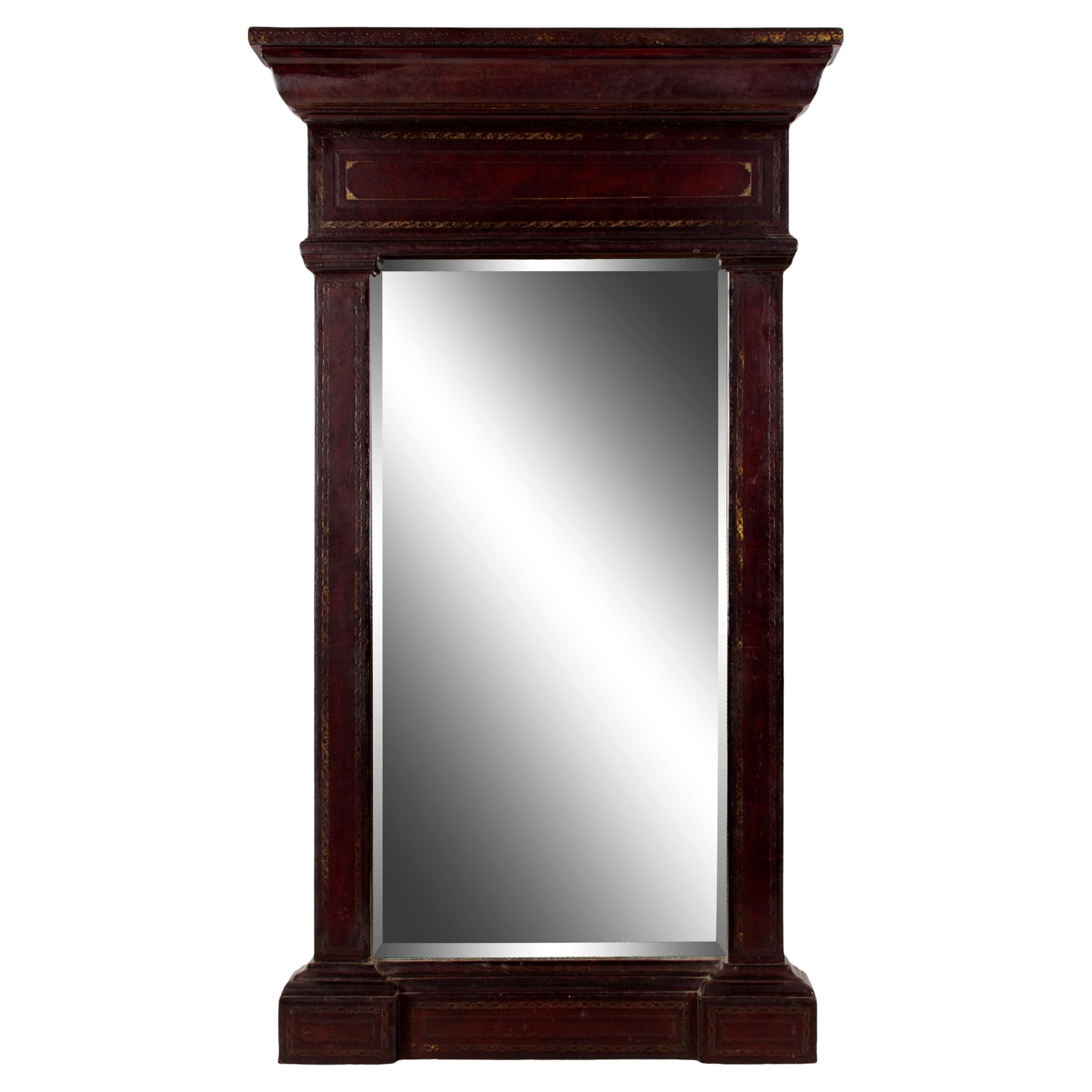 Maitland-Smith Gilt Embossed Leather Mirror For Sale