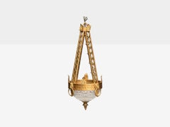 Maitland Smith, Gilt Metal, Glass, Greek Key Motif, Pendant Light, 21st C.