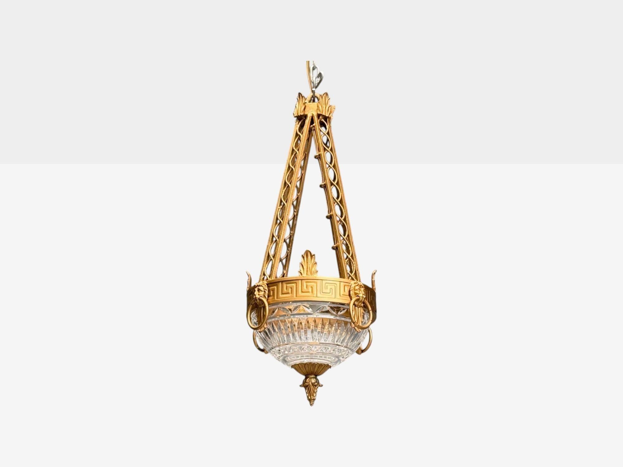 Hollywood Regency Maitland Smith, Gilt Metal, Glass, Greek Key Motif, Pendant Light, 21st C. For Sale
