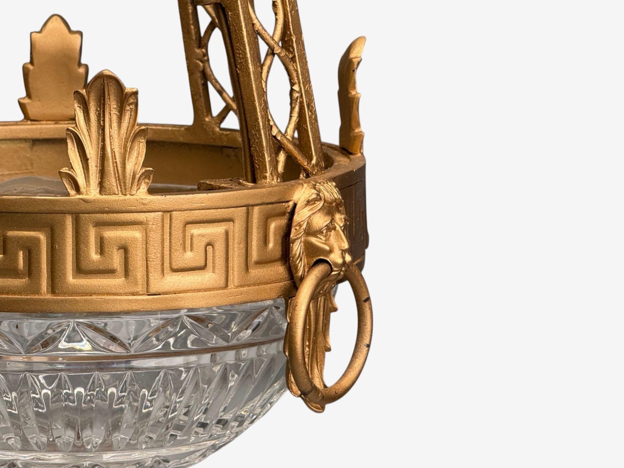Maitland Smith, Gilt Metal, Glass, Greek Key Motif, Pendant Light, 21st C. In Good Condition For Sale In Manhasset, NY