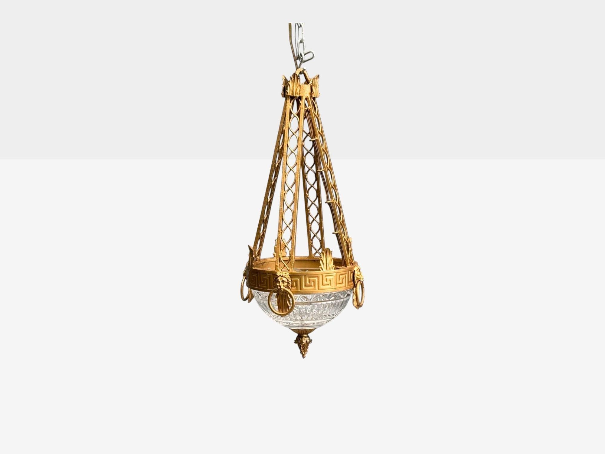 Contemporary Maitland Smith, Gilt Metal, Glass, Greek Key Motif, Pendant Light, 21st C. For Sale