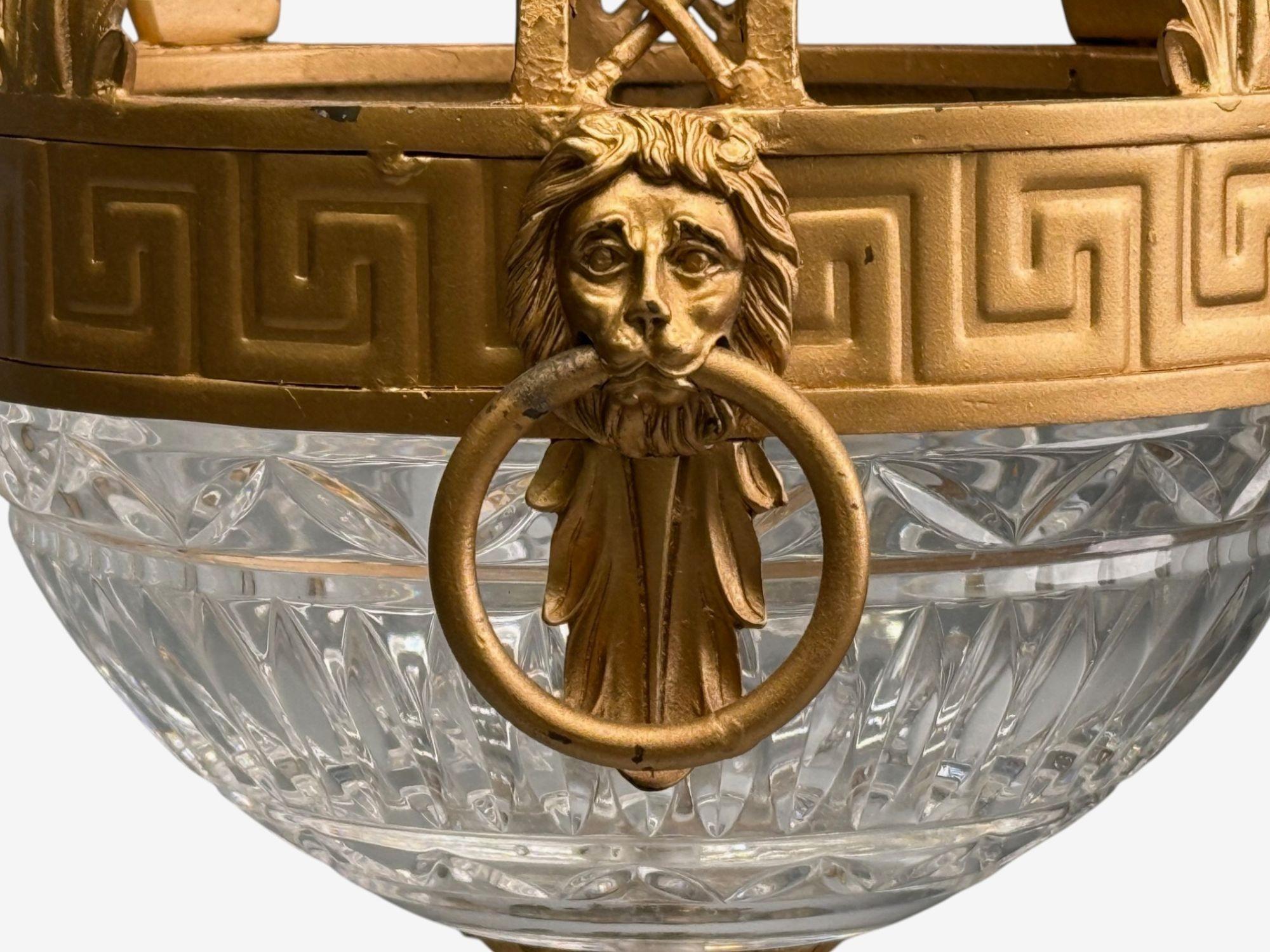 Maitland Smith, Gilt Metal, Glass, Greek Key Motif, Pendant Light, 21st C. For Sale 1
