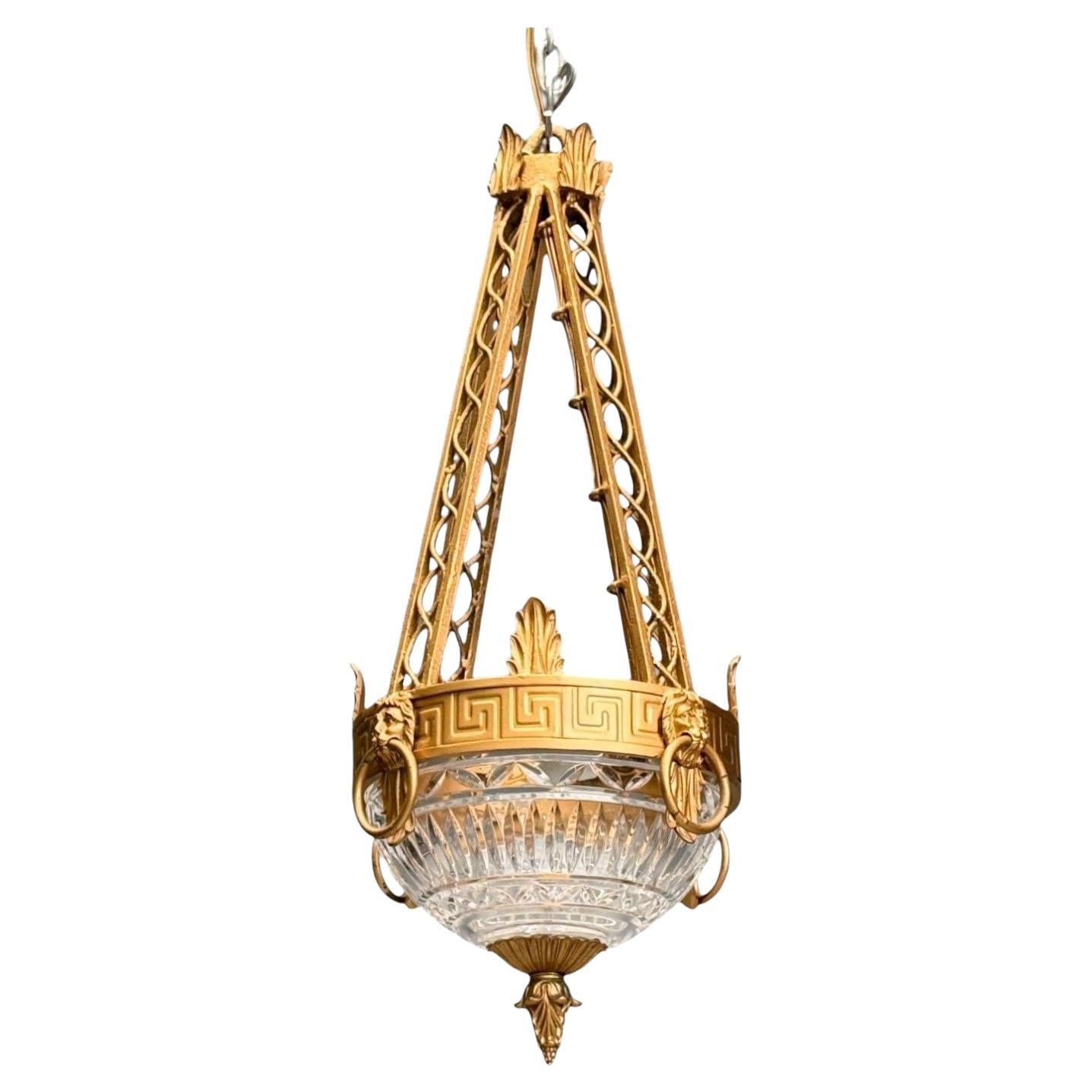 Maitland Smith, Gilt Metal, Glass, Greek Key Motif, Pendant Light, 21st C. For Sale