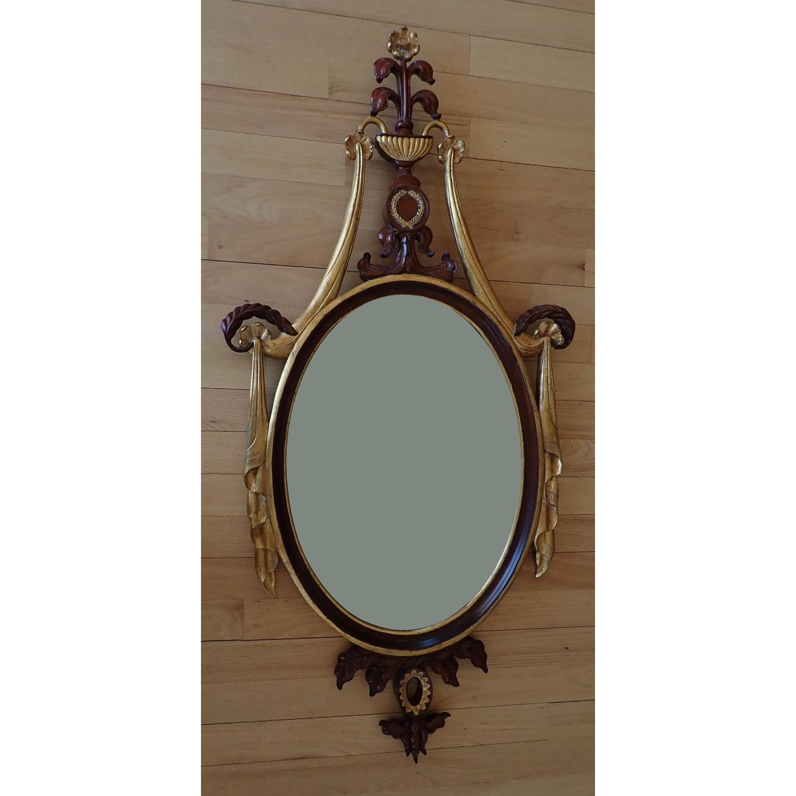 Large Hand Carved Mahogany and Gilt Maitland-Smith Wood Mirror.
Beautiful classical designed frame with beveled glass. Mahagony with gilt highlights.