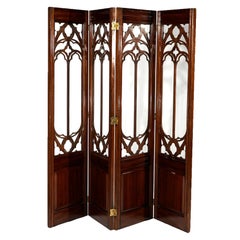 Maitland Smith Gothic Carved Mahogany & Glass Four-Panel Room Divider 20th C
