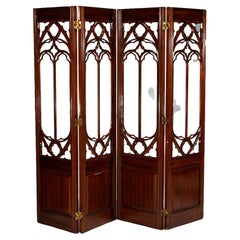 Maitland Smith Gothic Carved Mahogany & Glass Four-Panel Room Divider 20th C