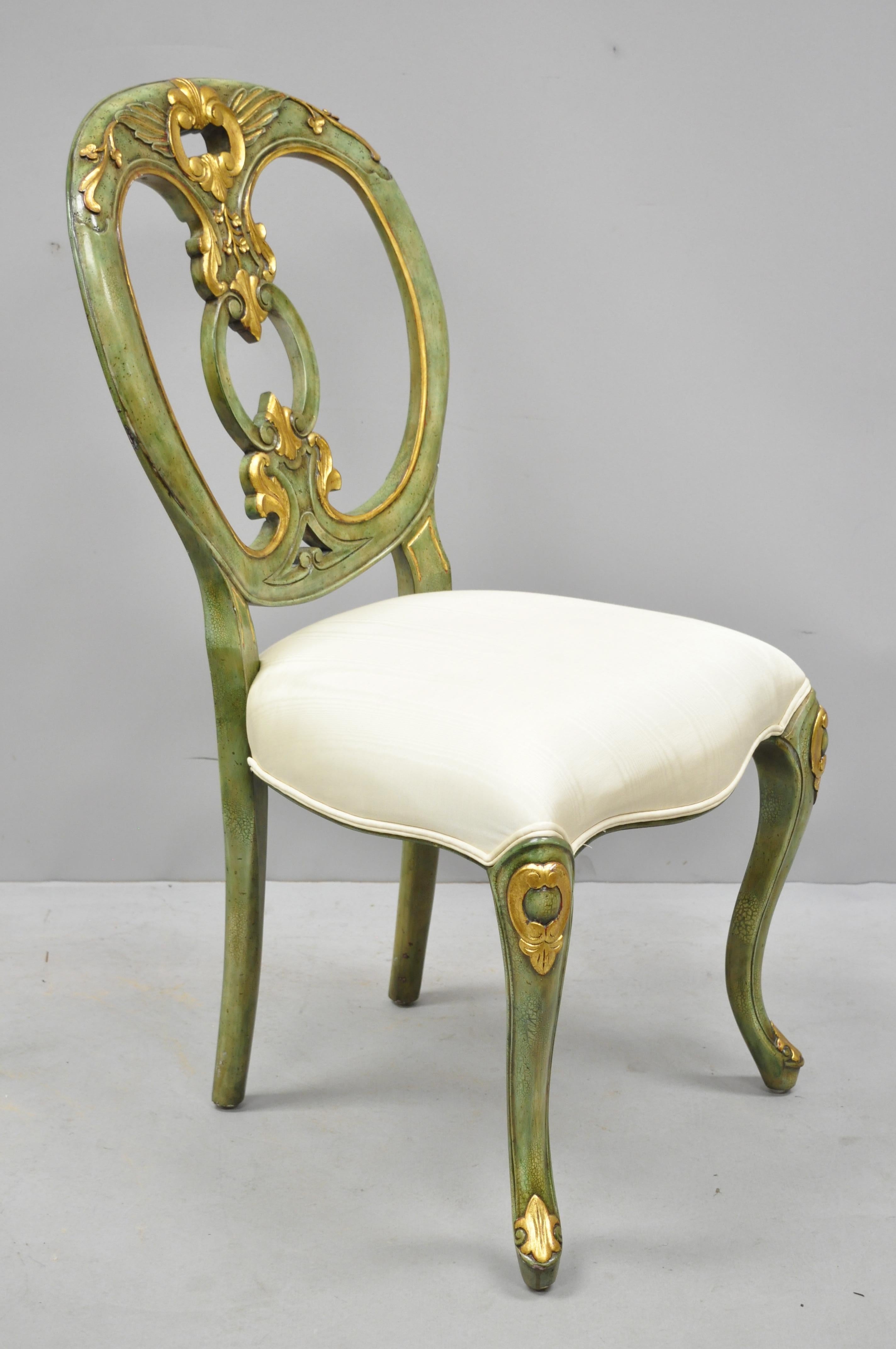 Maitland Smith green and gold painted French Rococo Victorian style accent chair. Item features solid wood construction, nicely carved details, cabriole legs, circa 20th-21st century. Measurements: 37