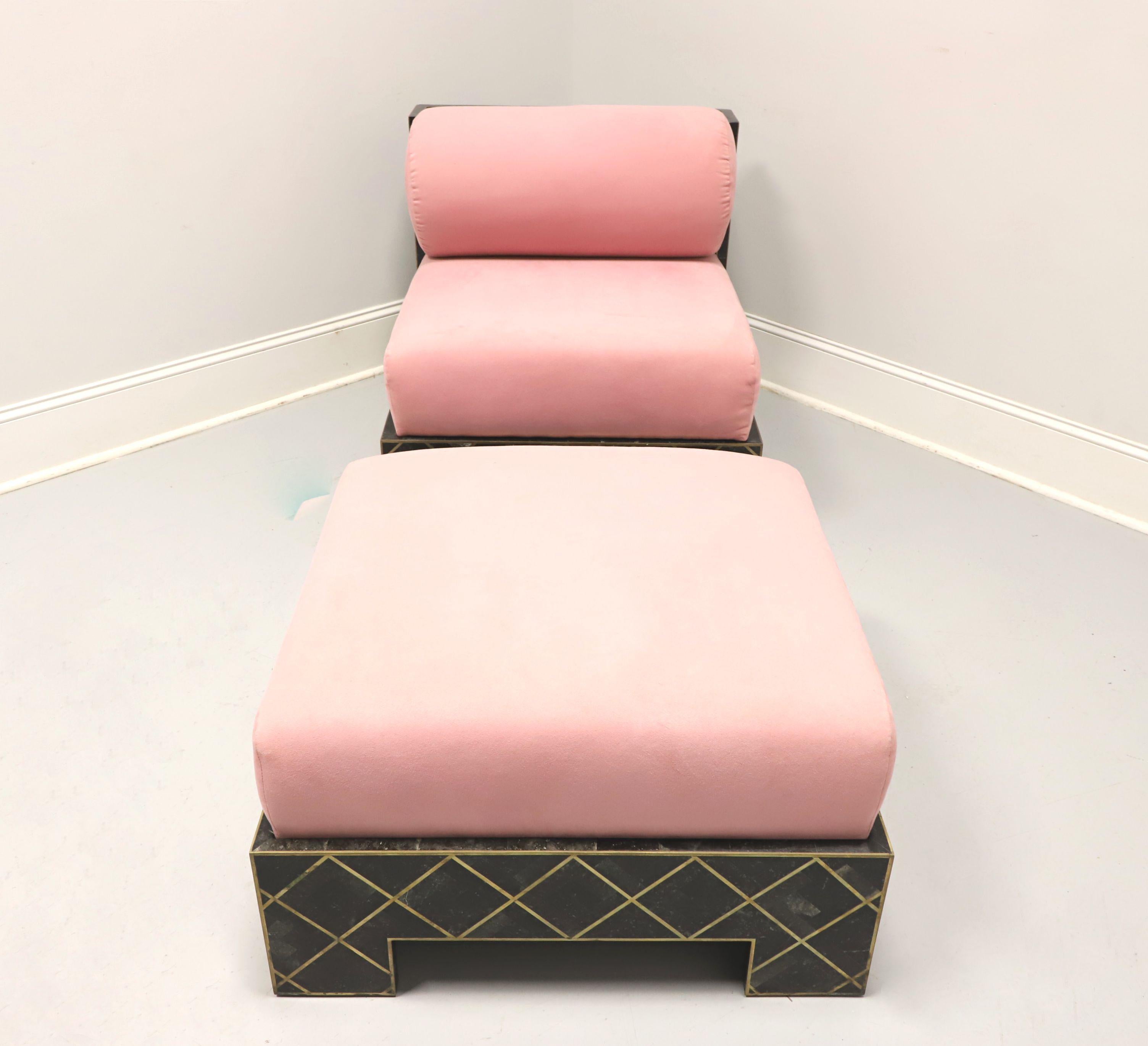 An Art Deco style two piece chaise lounge by Maitland Smith. Solid wood frame with tessellated dark green/black marble veneers, brass gold strips trim forming a diamond pattern throughout, pink velvet like fabric upholstered removable extra thick