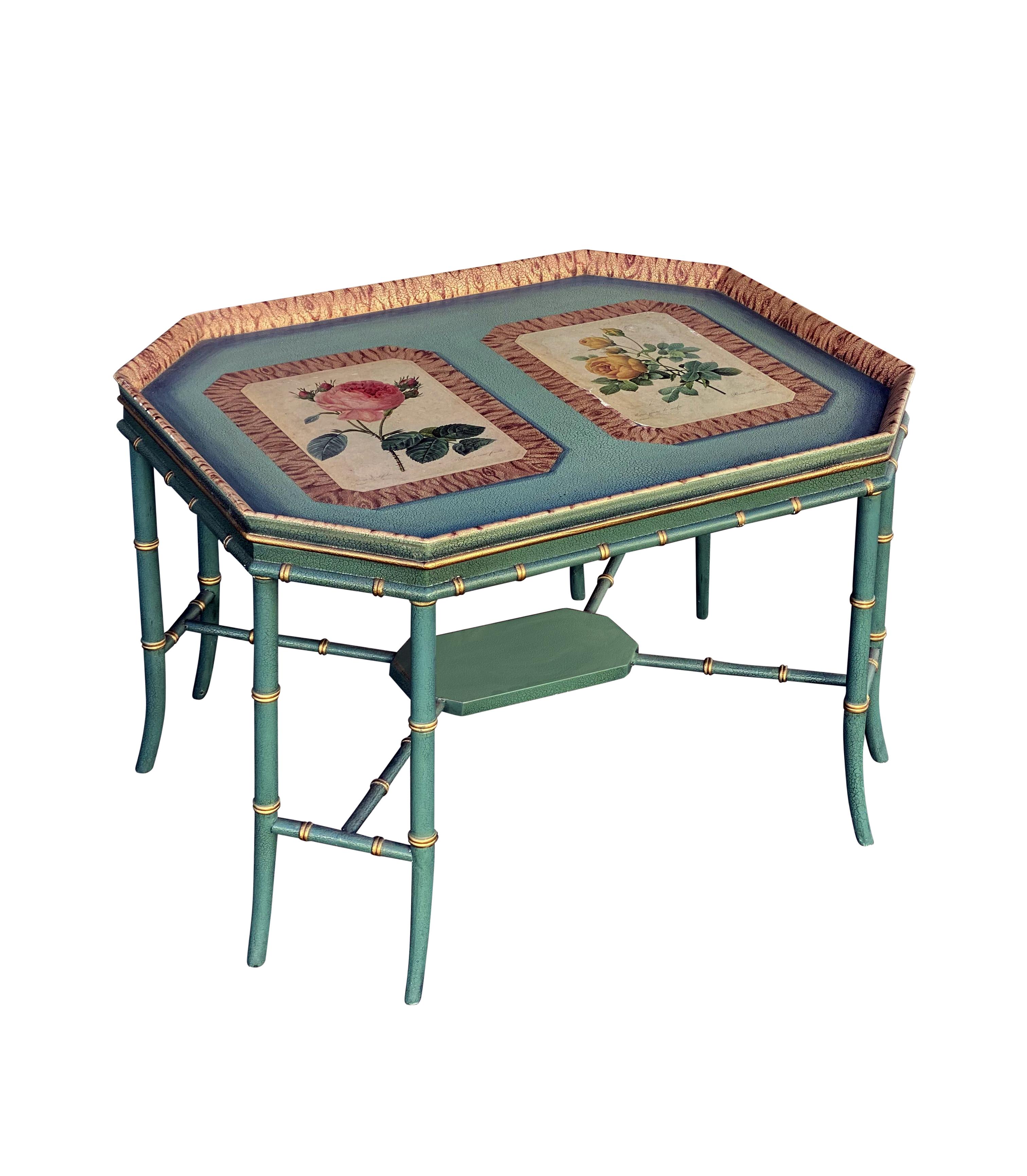 Chinoiserie Maitland Smith Green Hand-Painted Bamboo Gilt Coffee Table