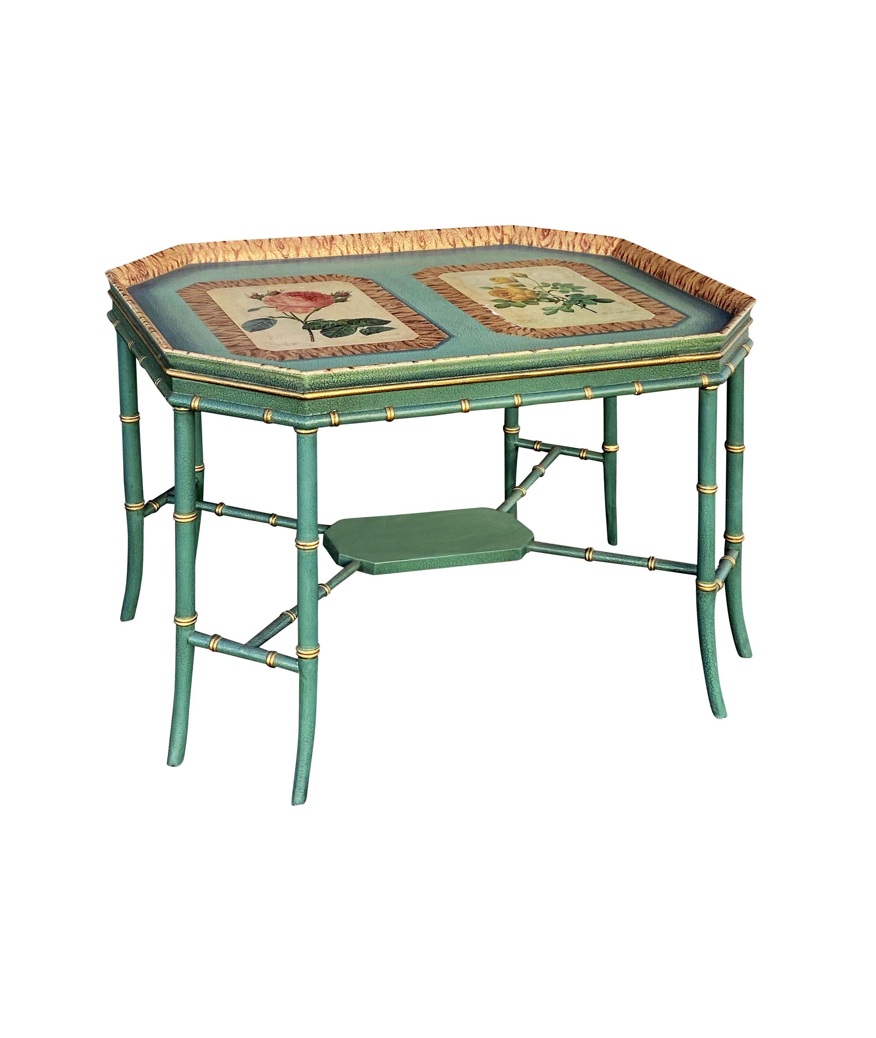 Philippine Maitland Smith Green Hand-Painted Bamboo Gilt Coffee Table